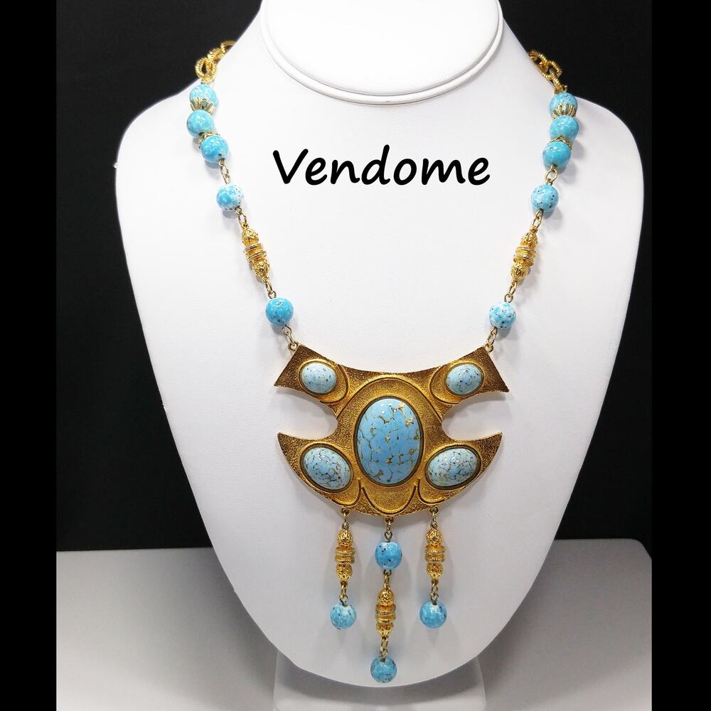 Vendome Pendant Necklace, Gold Plated, Faux Glass Turquoise, 1960s Vintage